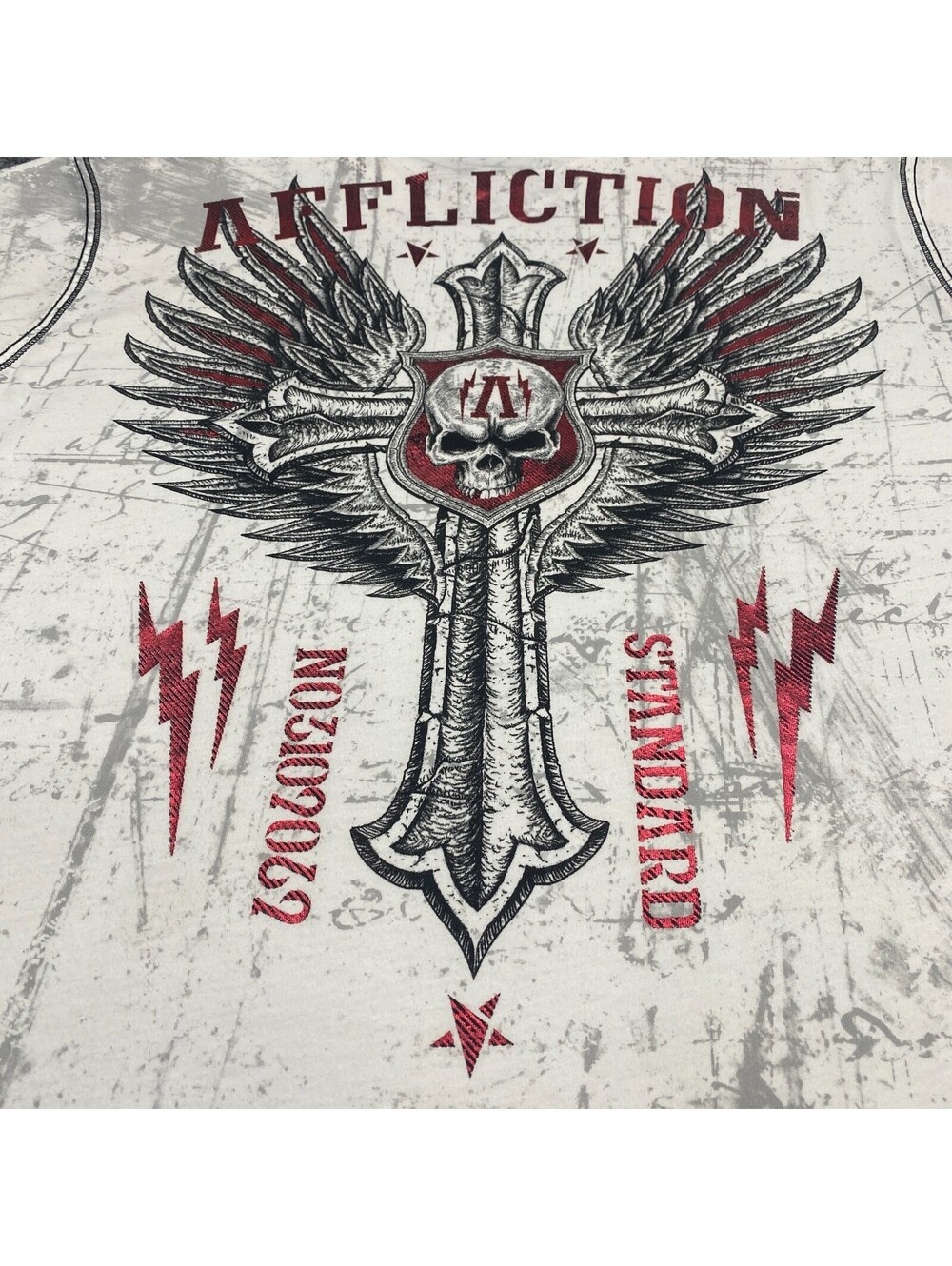 Y2K Affliction Shirt Mens 2XL White Black Red Skull Cross Wings Grunge MMA XXL